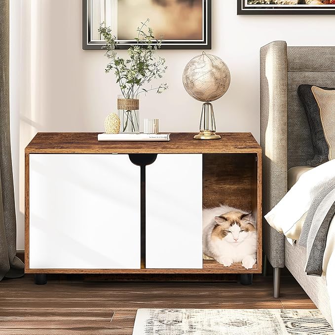 Encloure For 2 Cat - Box Furniture, Encloed Litter Boxe, Cat Furniture Cabinet -White Brown