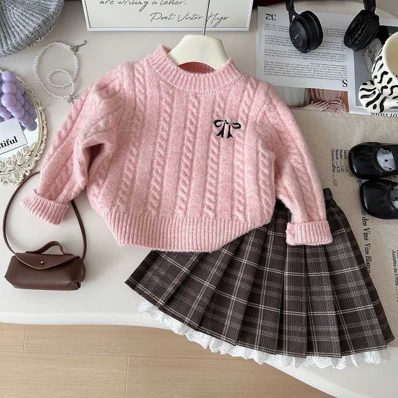 Clothing Sets Girls Set 2024 Autumn New Korean Girls Knitted Sweater+Tie Dye Bow Skirt Two Piece Set Girls Clothing 2-7 Years Old Y24112913F3