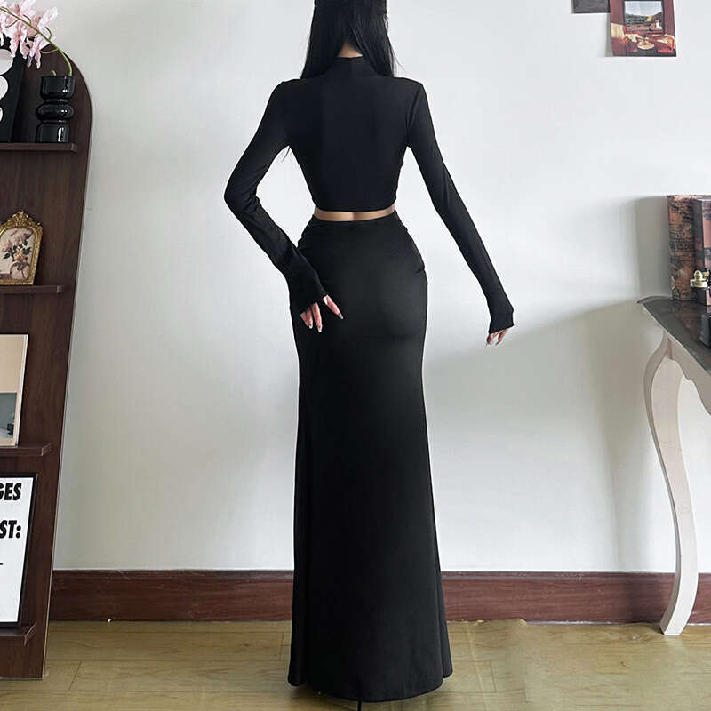 Wind 2024 Autumn New Women's High Collar Lace Hollow Top Slim Fit Hip Wrapping Half body Long Dress