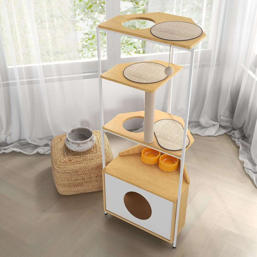 Corner Tower, Tree Scratching Post, Cat Condo With Feeding Station And Climbing Platforms, Pet Furniture For Indoor Cats