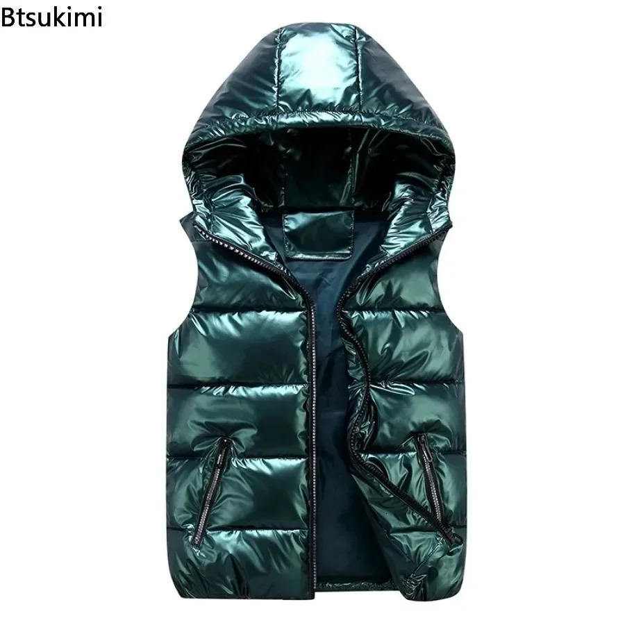 Mens Hooded Vest Coats Fashion Glossy Waterproof n Couple Down Cotton Lightweight Casual Waistcoat Male Parkas Vests 241129