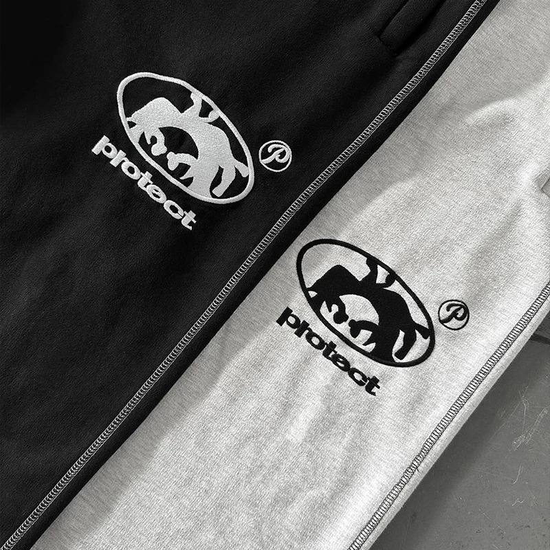 Y2K Sweat Pants Men Embroidered High Street Fashion Drawstring Leg Tie Casual Oversized Cotton Straight 240428