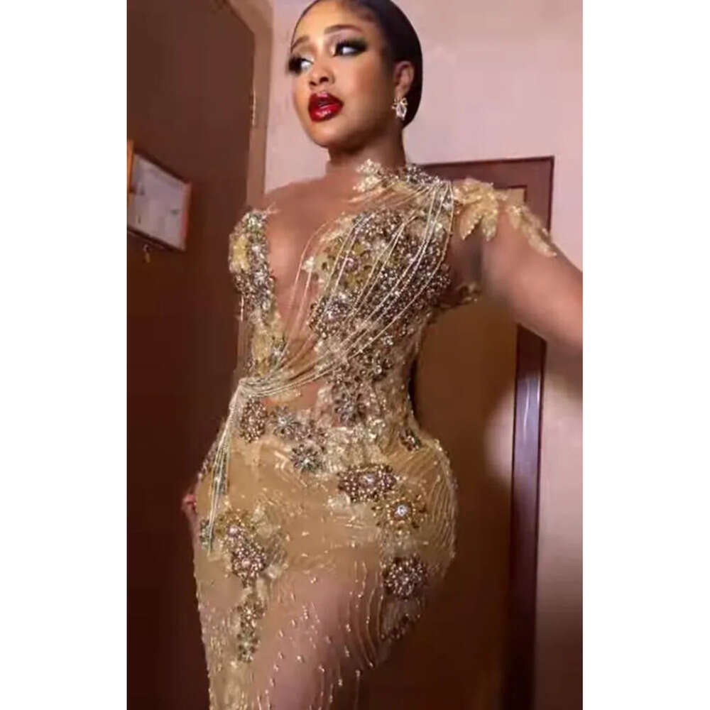 Aso Plus Ebi Arabic Size Gold Urious Mermaid Prom Dresses Lace Beaded Sheer Neck Evening Formal Party Second Reception Gowns Dress Zj 6660306