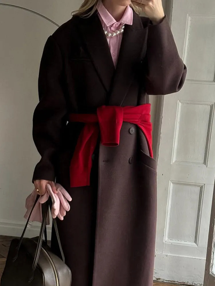 Winter Brown Wool Blends Long Coat Women Elegant Sleeve Double Breasted Pockets Jacket Lady Lapel Casual Office Outwear 241129