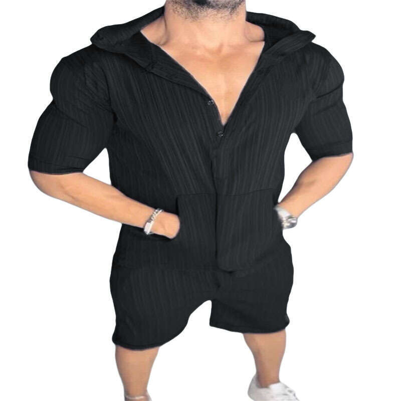 European And American Plus Size Casual Suit Men's Loose Short Sleeved Hooded Pocket Hoodie, Two Trendy Clothing Items With Fashionable Temperamen