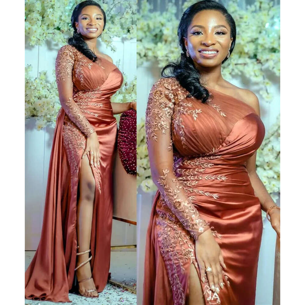 Size Arabic Plus Aso Ebi One Shoulder Mermaid Prom Dresses Lace Beaded High Split Evening Formal Party Second Reception Bridesmaid Gowns Dress Zj