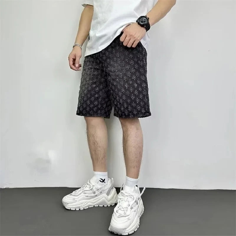 Fashion Casual Summer Light Blue Distressed Men Denim Shorts Smart Straight Leg Loosen Male High Street Niche n 241126
