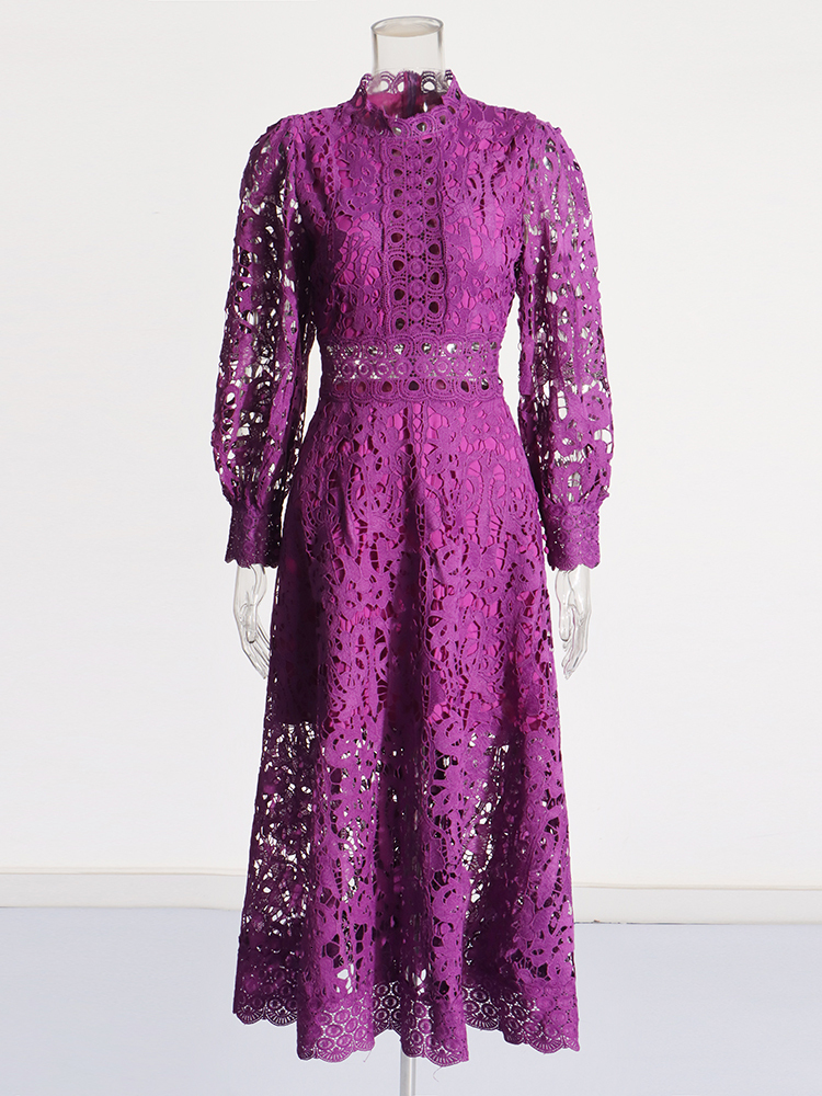 Hollow Out Solid Temperament Dress For Women Stand Collar Long Sleeve High Waist Elegant Dresses Female Fashion New