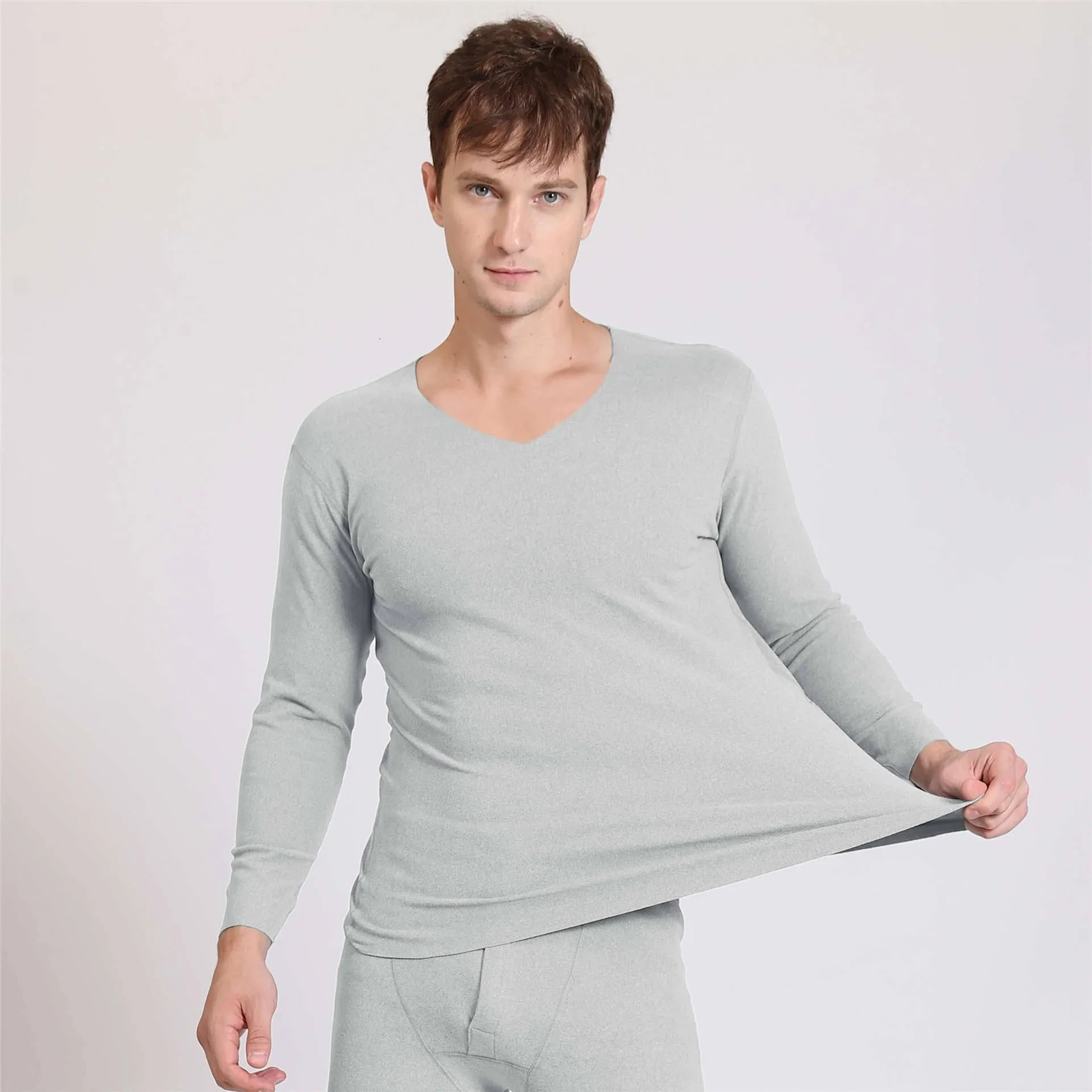 2 pieces of seamless mens long sleeved underwear for autumn mens plus size V-neck thin velvet autumn clothing top 3XL-7XL 241122