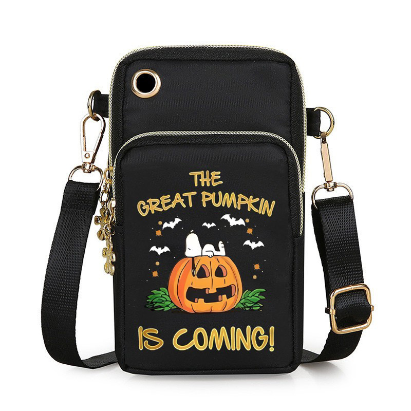 Halloween pumpkin patterned small crossbody for men and women, loose change phone bag, compact outdoor hanging neck shoulder bag