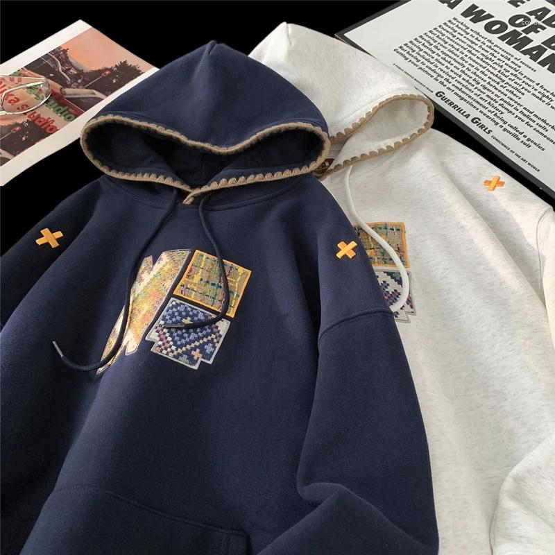 Men's Korean Streetwear Splicing Hoodie - Embroidered Pattern Hooded Sweatshirt, Loose Casual Pullover For Fall/Winter