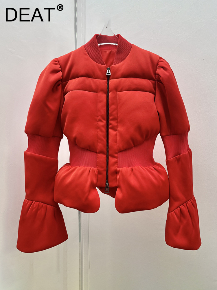 DEAT Fashion Women's Cotton-Padded Coat Stand Neck Flare Sleeves Zip Waist Black Quilting Short Jackets Winter 2024 New 7Ab299