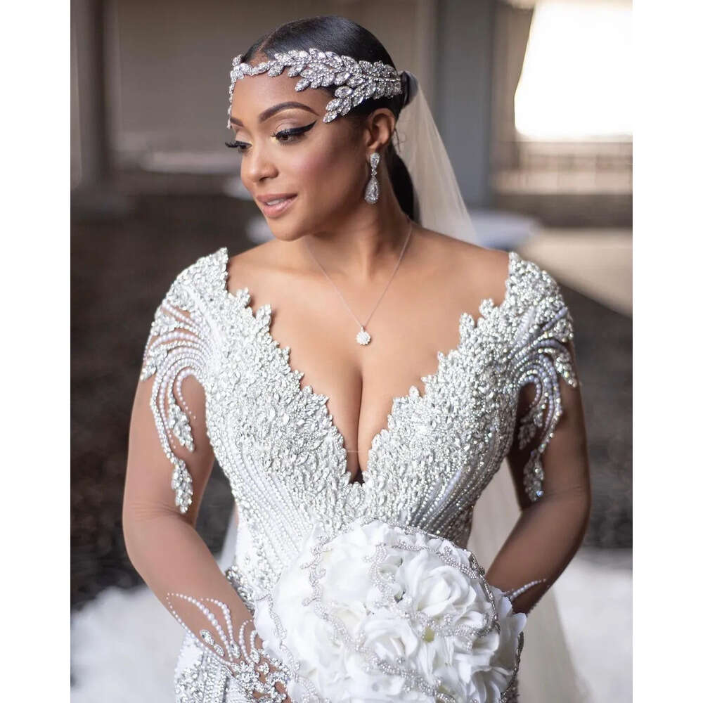 Aso Arabic Size Plus Ebi Luxurious Mermaid Sexy Wedding Dress Beaded Crystals Pearls Backless Long Sleeves Detachable Train Bridal Gowns Dresses Zj Es