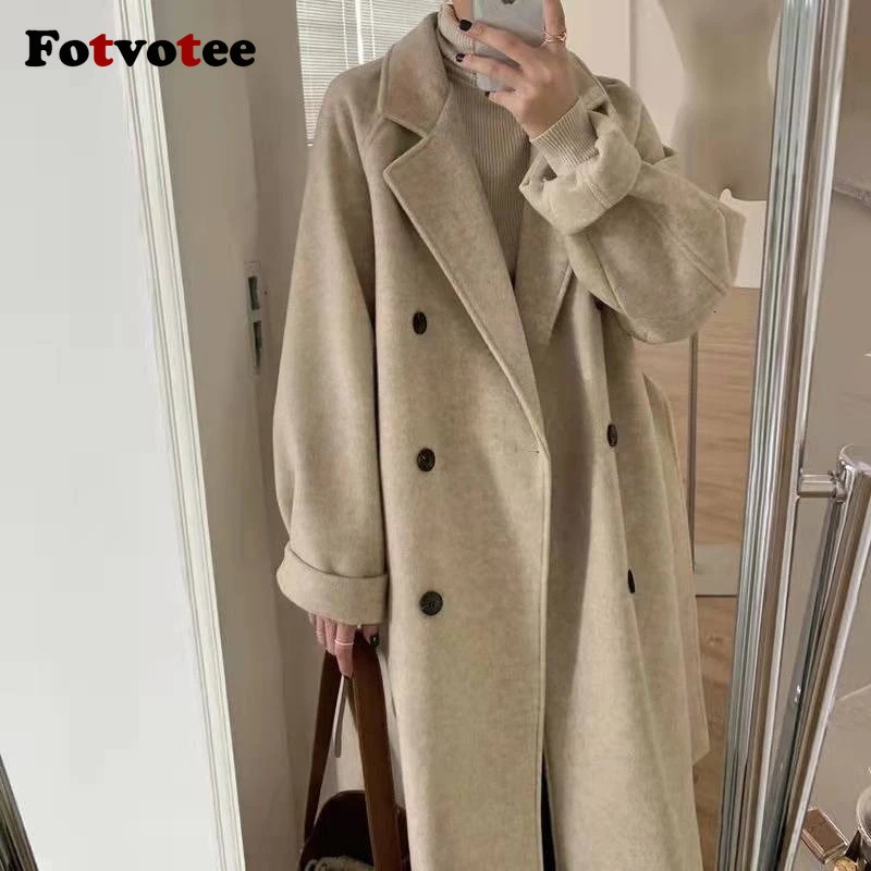 FOTVOTEE Women Midi Length Wool Coat Elegant Lapel Double Breasted with Belt Outerwear Autumn Winter Temperament Streetwear 241129