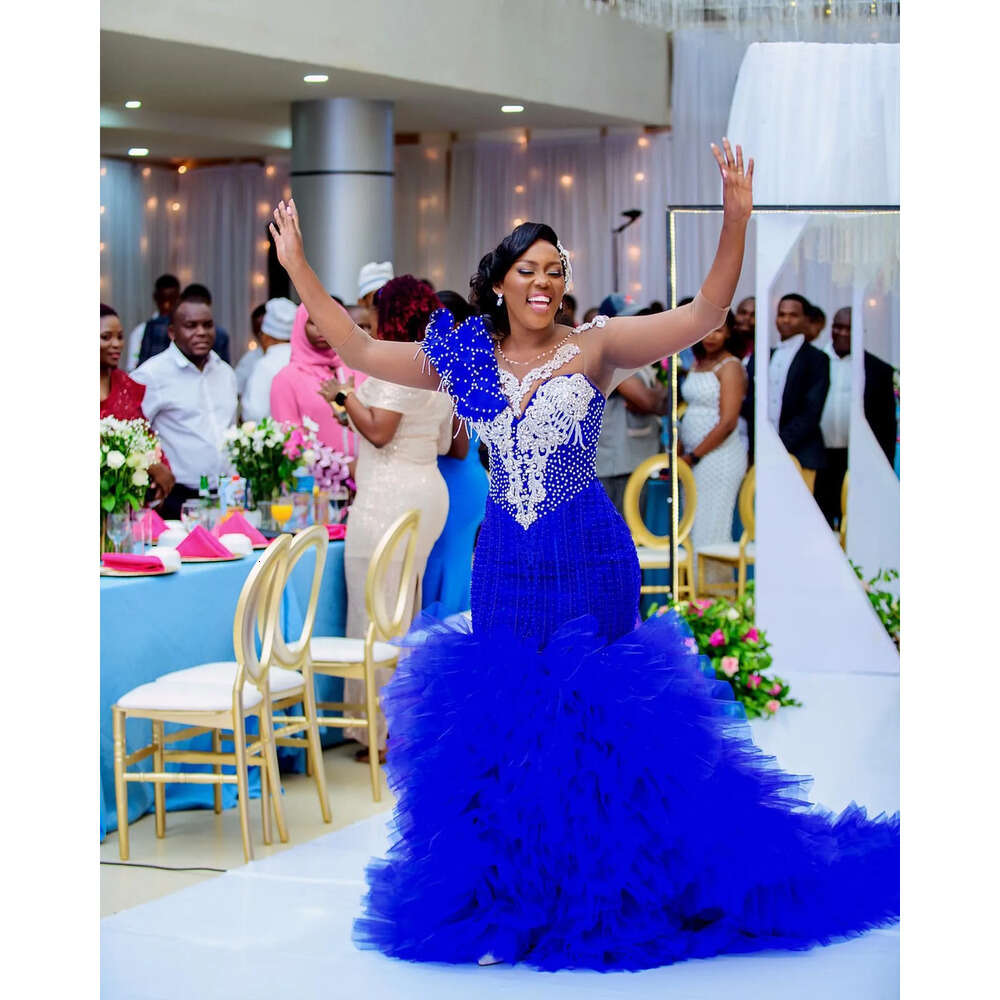 Ebi Royal Blue Aso Mermaid Prom Dress Beaded Crystals Tiers Evening Formal Party Second Reception Birthday Engagement Gowns Dresses Robe De Soiree Zj 