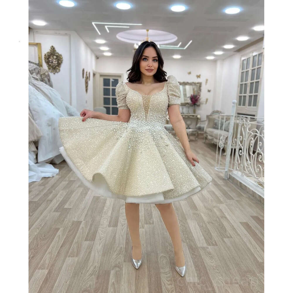 Ebi Arabic Beaded Crystals Aso Wedding Dress Sequined Lace A Line Short Summer Beach Bridal Gowns Dresses ZJ Es