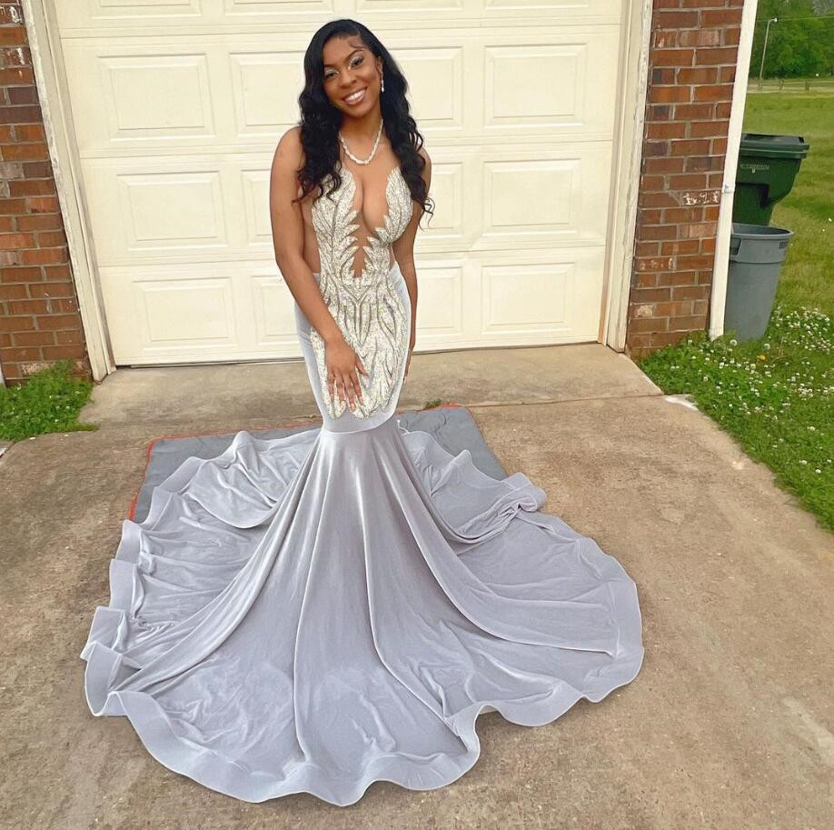 Ivy Silver Diamond Mermaid Evening Ceremony Party Dresses for Black Girl 2024 Sparkly Crystal Sheer Prom Birthday Gala Gown