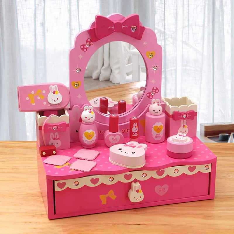 New childrens simulation wooden dress table girl toy play makeup set makeup table game house girl toy childrens gift X241128