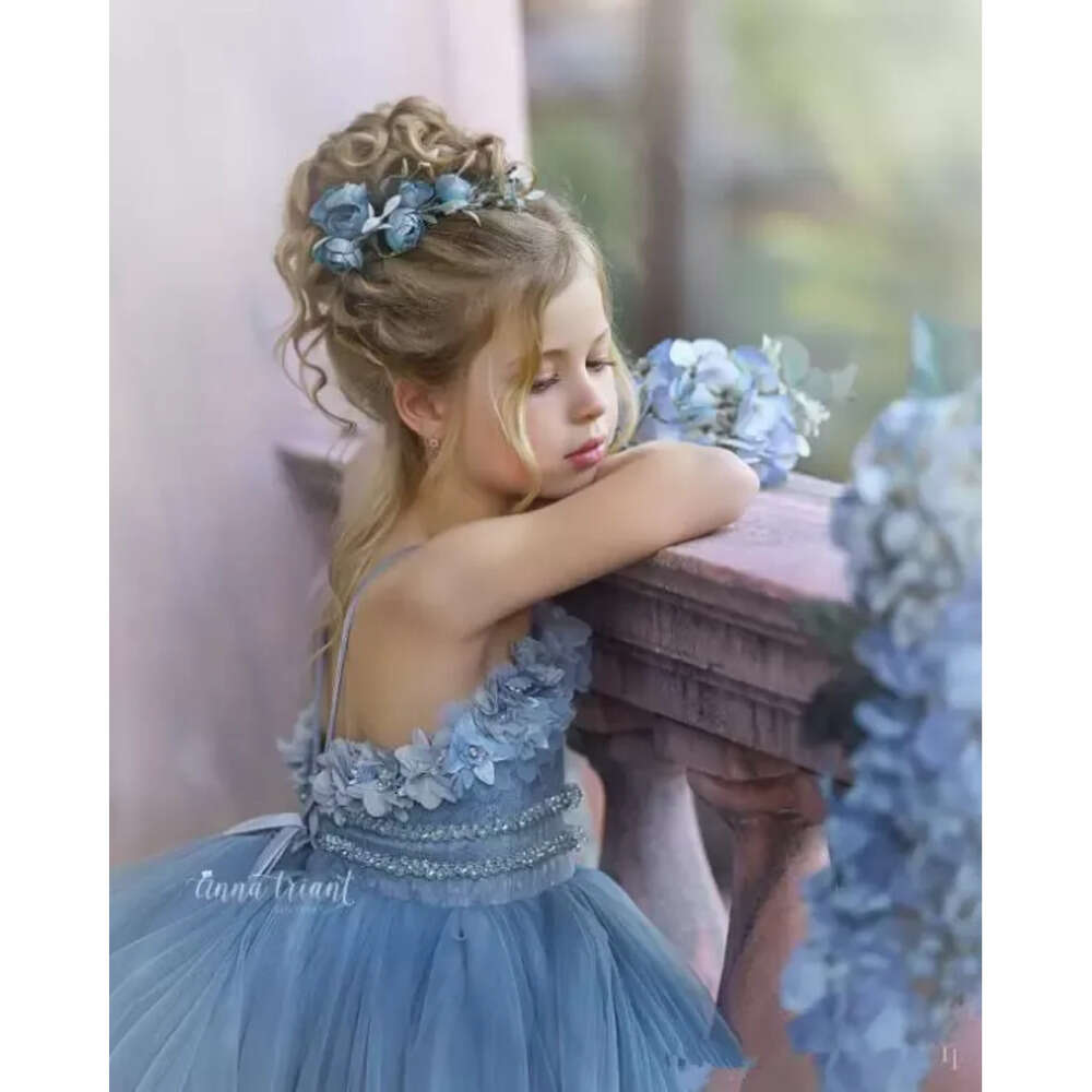 Girl For Flower Cute Dresses Wedding Sky Blue Spaghetti Lace Floral Appliques Tiered Skirts Girls Pageant Dress A Line Kids Birthday Gowns Cg S
