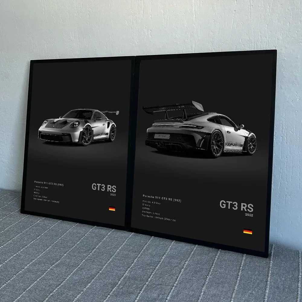Fashion German luxury sports car 911 GT3 RS black and white canvas painting poster printing living room garage decoration picture W241128