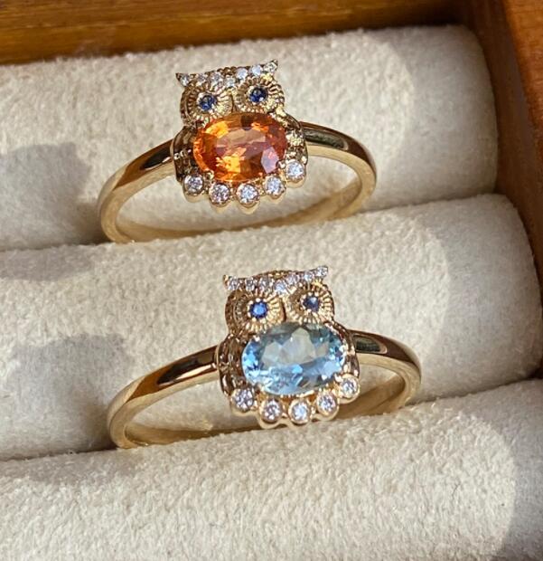 Free shipping S sterling sier cute owl designer ring for women girls gold lovely oval cz zircon sea blue crystal stone charms elegant rings jewelry Fr