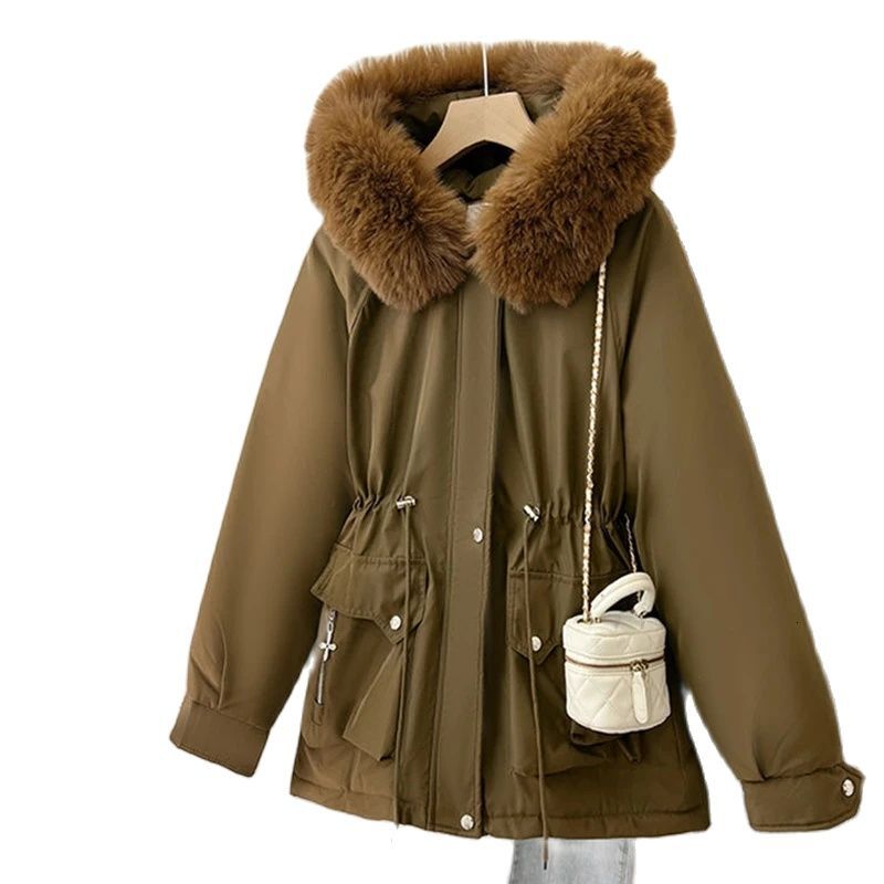 Winter Cotton Padded Hood Jacket For Thick Veet Hooded Mid Length Snow Parka Warm Big Fur Collar Outerwear Women