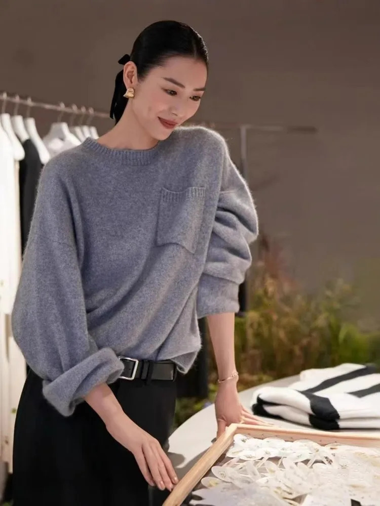 100% cashmere sweater womens cream loose thick sweater womens knitted bottom sweater style 241128