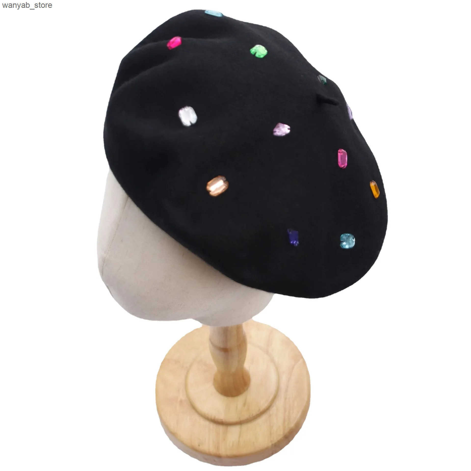 Berets COKK Winter Hat Womens Wool Beret Paint Hat Rhinestone Bead Beret Womens Black Wholesale New L240910 L0910