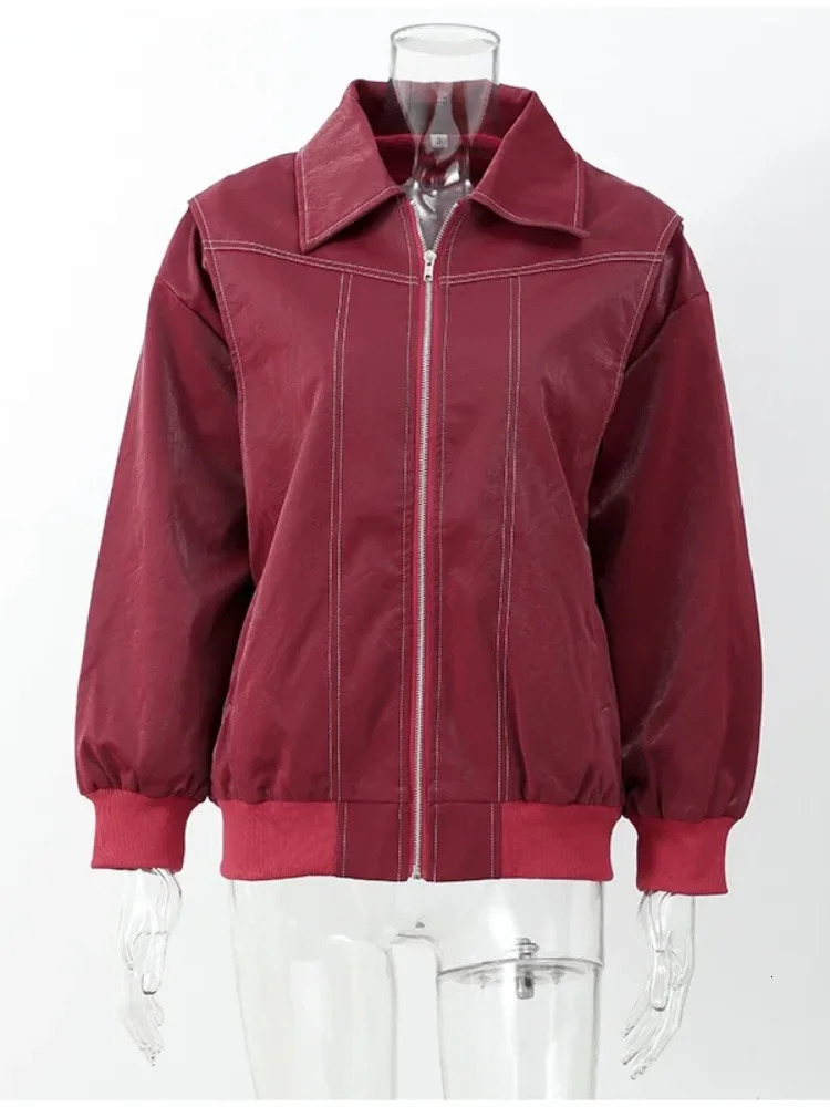 Women Autumn Solid Faux Leather Jackets Fashion Lapel Long Sleeve Zipper Pockets Coat 2024 Lady High Street Pu Outerwear 241129