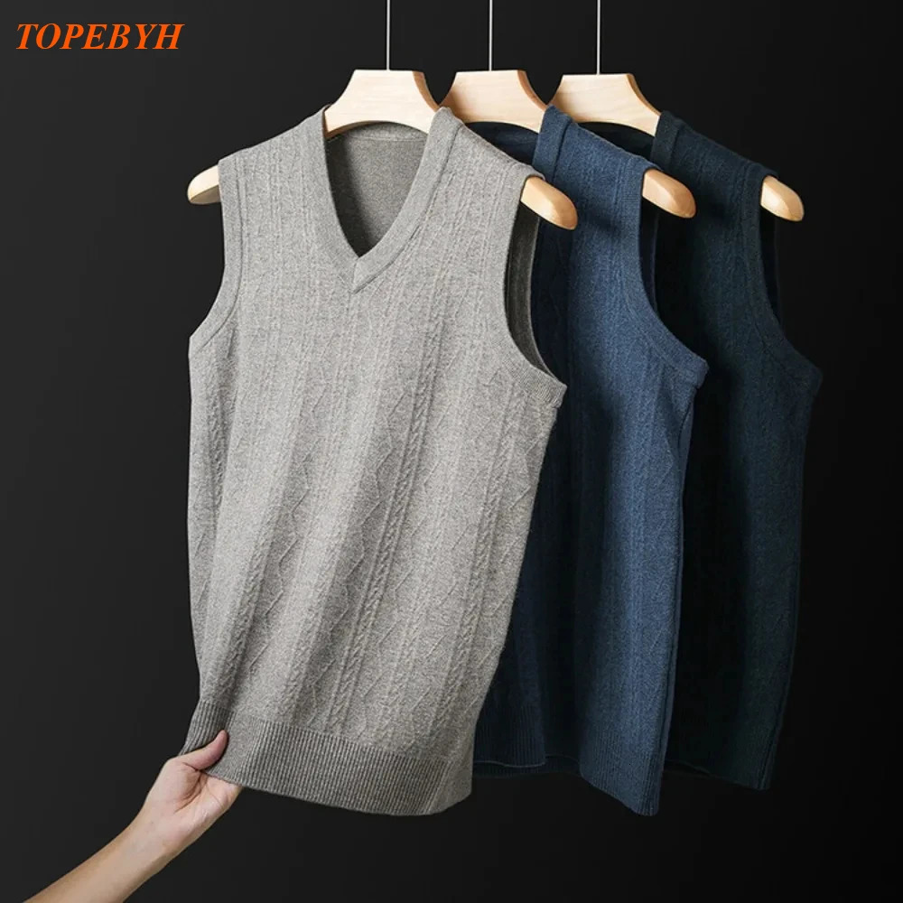 2025 Trend Mens Business Casual Pullover Wear Warm Sleeveless Wool Knitted Sweater Vest Tops 241129