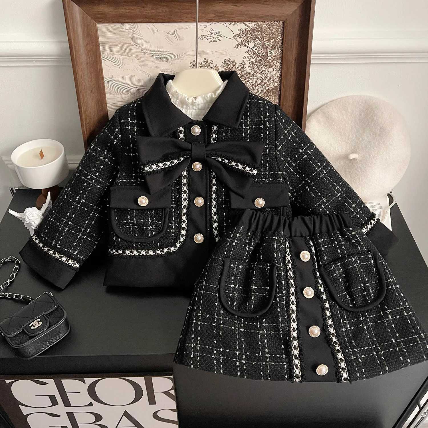 Clothing Sets Childrens clothing set plain weave bow jacket+skirt 2 pieces childrens clothing for girls 2 to 7 years old baby designer clothing Y24112