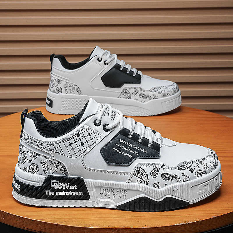 summer new leather cashew flower color blocked low top college style casual sports board shoes thick soled height increasing mens shoes M241129