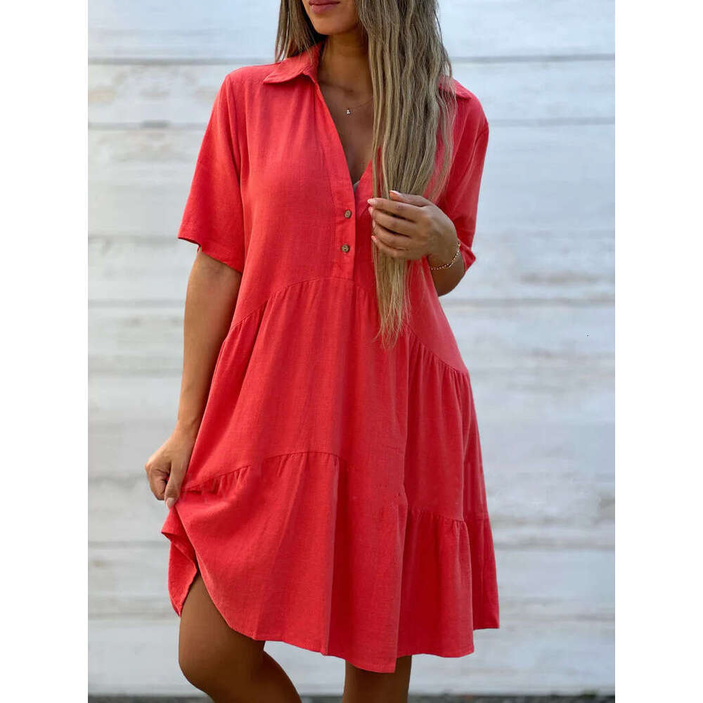 European American Women's Dresses, Loose Solid Color Collars, Casual Short Sleeves, Cotton And En Jumpsuits, Trendy Clothing, Fashionable Tempera