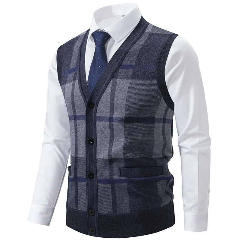 Men Plaid Casual Knitted Waistcoats Sweater Vests Sleeveless Cardigans Autumn Male Outwear Sweatercoats Size 3X 241129