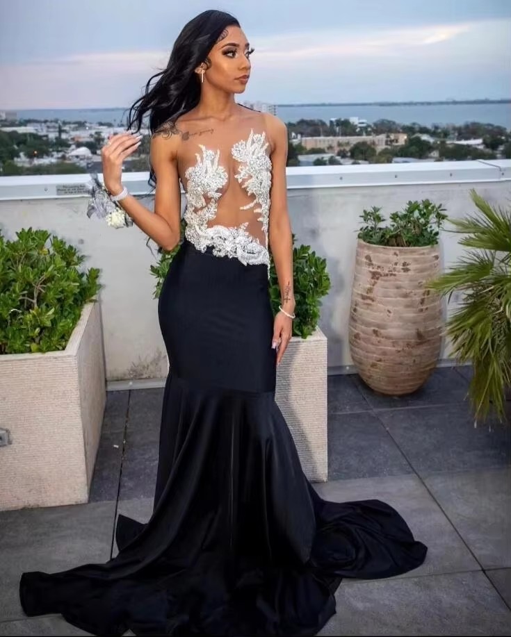 2025 Black Mermaid Long Evening Dress for Women Applique Crystyal Sheer Mesh Customized Formal Prom Gowns