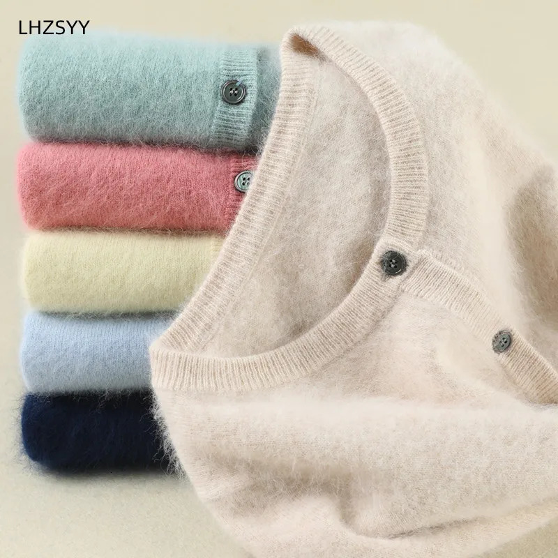 Womens cardigan plus size warm pure mink cashmere sweater O-neck loose jacket womens sweater womens jacket solid knit cardigan 241128
