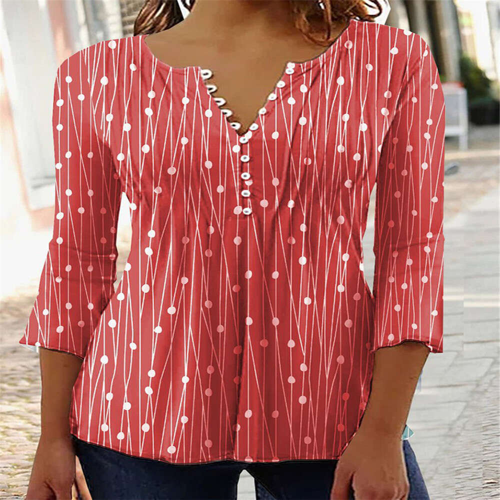 Spring European American V-Neck Printed Long Sleeved Shirt With A Base Women's Trendy Clothing, Fashionable And Casual Temperament B4