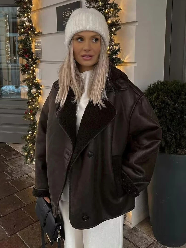 Y2K TRAF Faux Leather Jackets for Women 2024 Autumn Chic Singlebreasted with Pockets Outerwear Ladies Long Sleeve Loose Coat 241129