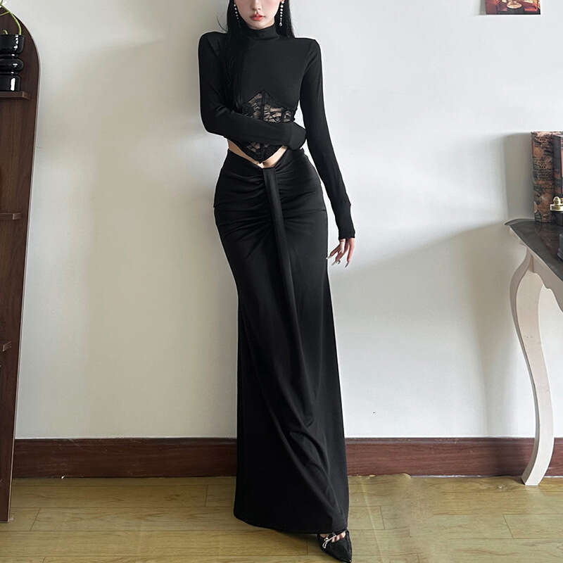 Wind 2024 Autumn New Women's High Collar Lace Hollow Top Slim Fit Hip Wrapping Half body Long Dress