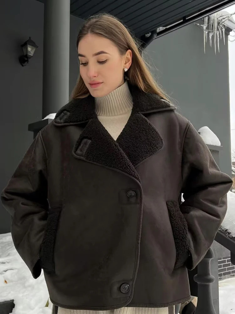 Y2K TRAF Faux Leather Jackets for Women 2024 Autumn Chic Singlebreasted with Pockets Outerwear Ladies Long Sleeve Loose Coat 241129