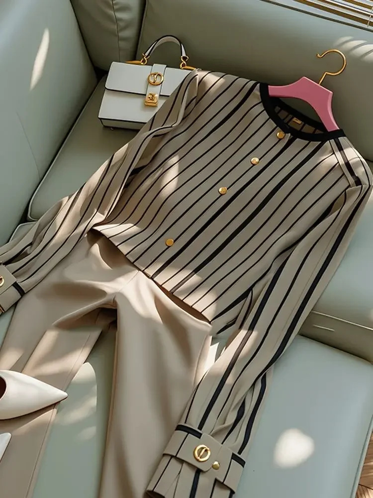 Autumn Korean Fashion High End Long Sleeve Stripe Shirt Waist Slim Suit Pants Formal Two Piece Set Women Outfits 241129