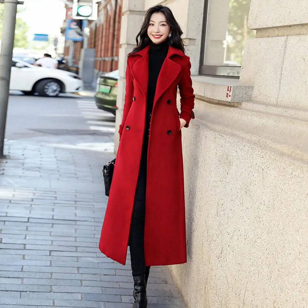 Winter Overcoat Elegant Doublebreasted Waist Belt Long Woolen Jacket Fashion Thermal Thick Women Trench Coat Wool 241129