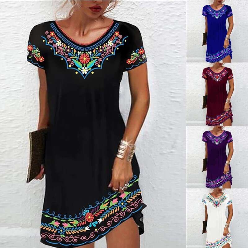 New European And American Summer Mid Waist Printed Urban Casual Short Sleeved Dress, Trendy Clothing, Fashionable Temperament B4