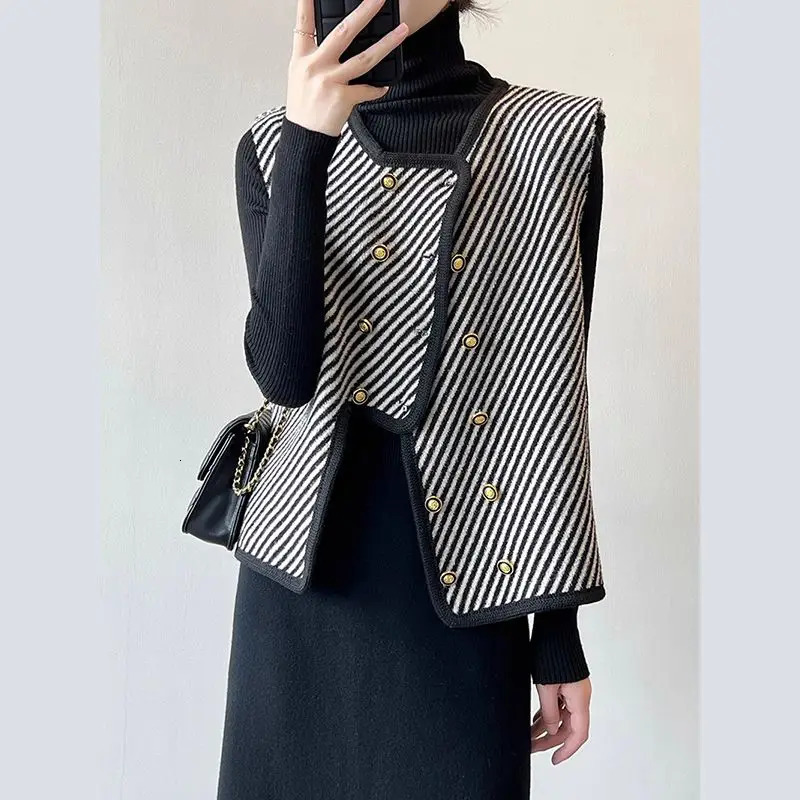 Spring Autumn Korean Irregular Short Vests Sleeveless Patchwork Allmatch Striped Vest Jacket Vintage Fashion Women Clothing 241129
