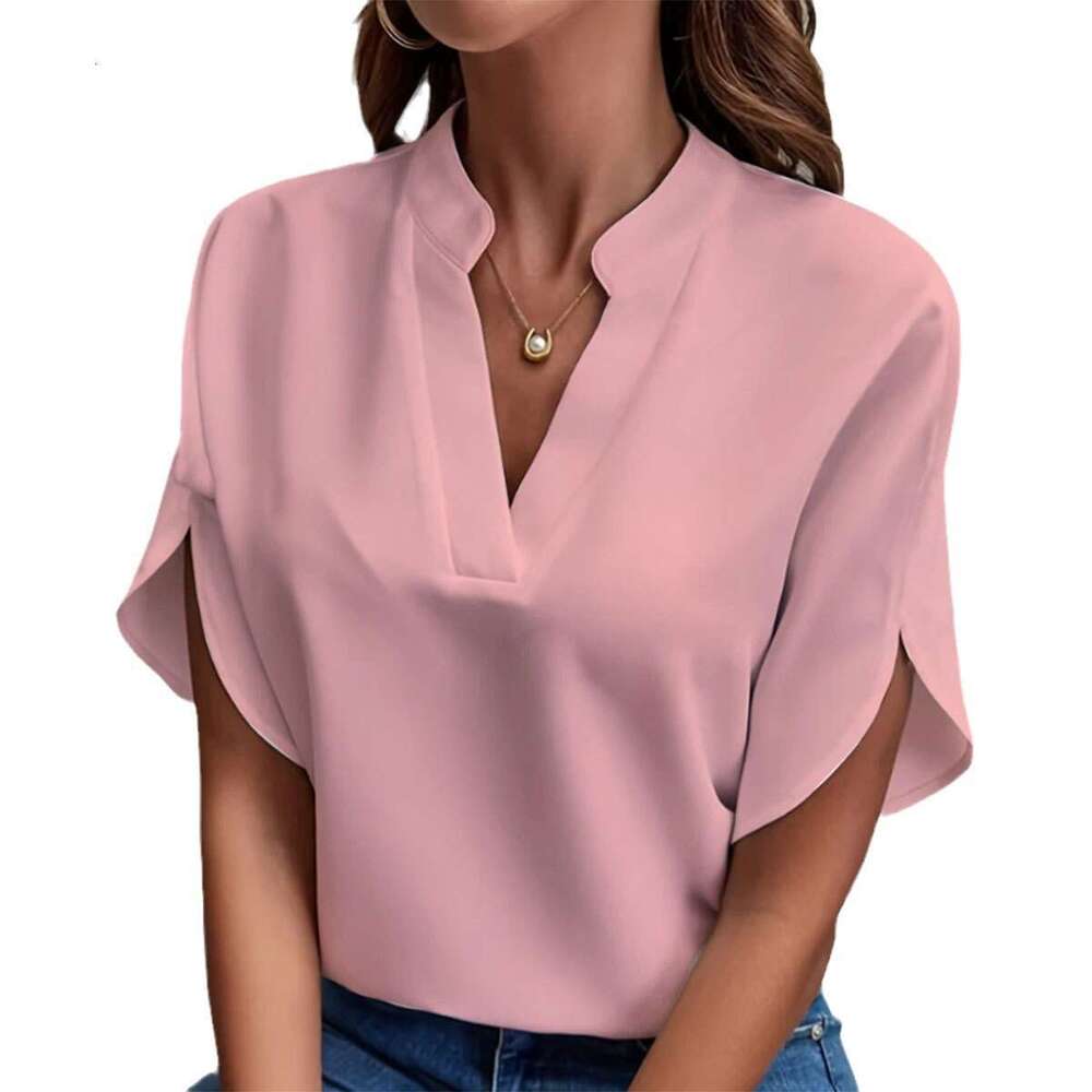 Summer New V-Neck Shirt Women's Solid Color Casual Versatile European And American Short Sleeve Hoodie Trendy Clothing Fashion Temperament B4