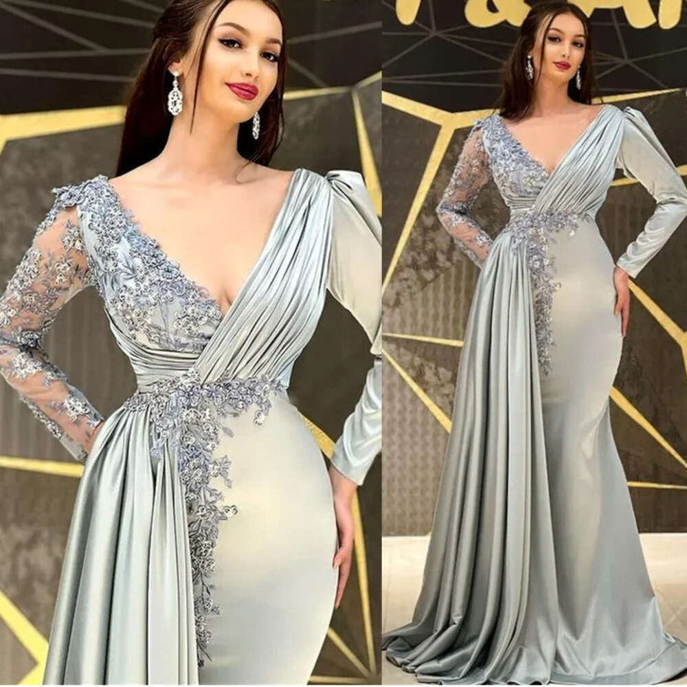 Aso Sage Arabic Ebi Sier Mermaid Sexy Prom Dresses Lace Beaded Satin Evening Formal Party Second Reception Birthday Bridesmaid Gowns Dress 0218