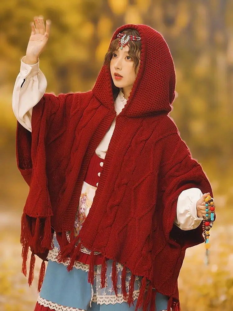 Hikigawa Autumn/Winter Retro Red Knitted Shawl Coat Womens Hooded Tassel Open cardigan Top Unprinted Good Product 241128