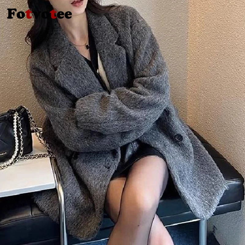 FOTVOTEE Fashion Casual Jacket Women Solid Lapel Thicken Double Breasted Wool Coat Fall Winter Temperament Simple Outerwear 241129