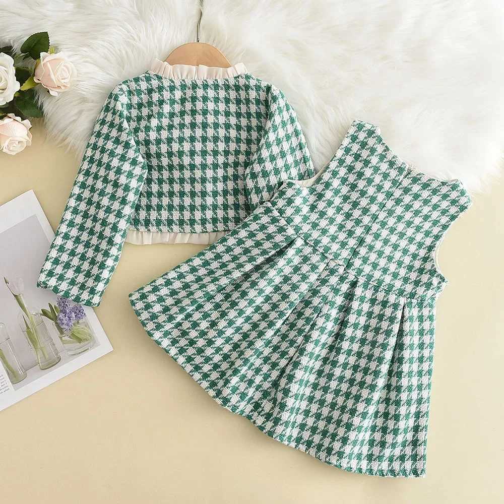 Clothing Sets Childrens Clothing Sets Plaid Lace Coat + Vest Dress 2pcs Sets Baby Girl Outfit Set Kids Clothes Girls 2 To 6 Years Y24112960P4