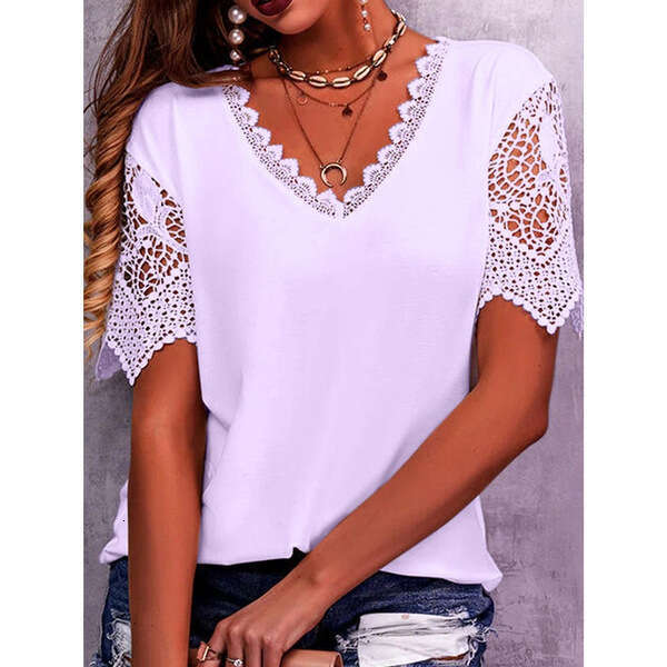European American Women's Trade T-Shirt With Lace Ing, Loose V-Neck Short Sleeved Fashion, Fashionable And Casual Temperament B1